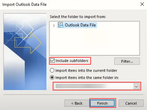 Select the desired option for importing the PST file.