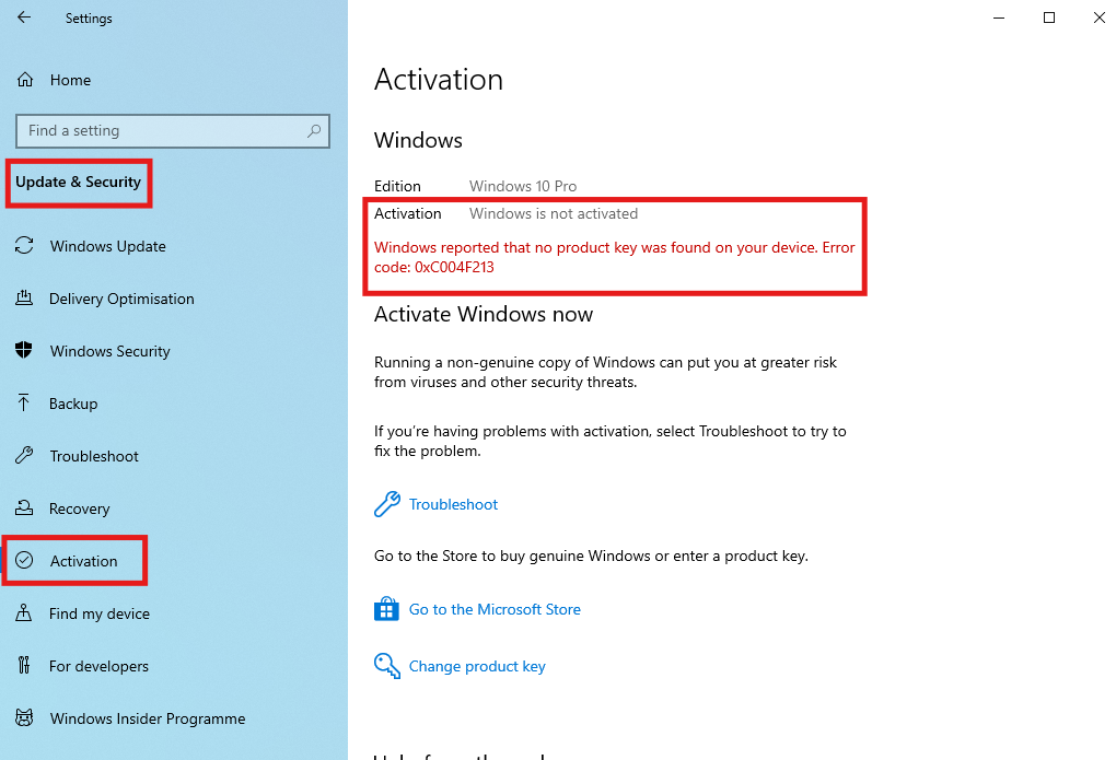 Windows 10 activation screen showing “No product key was found on your device” with error code 0xC004F213