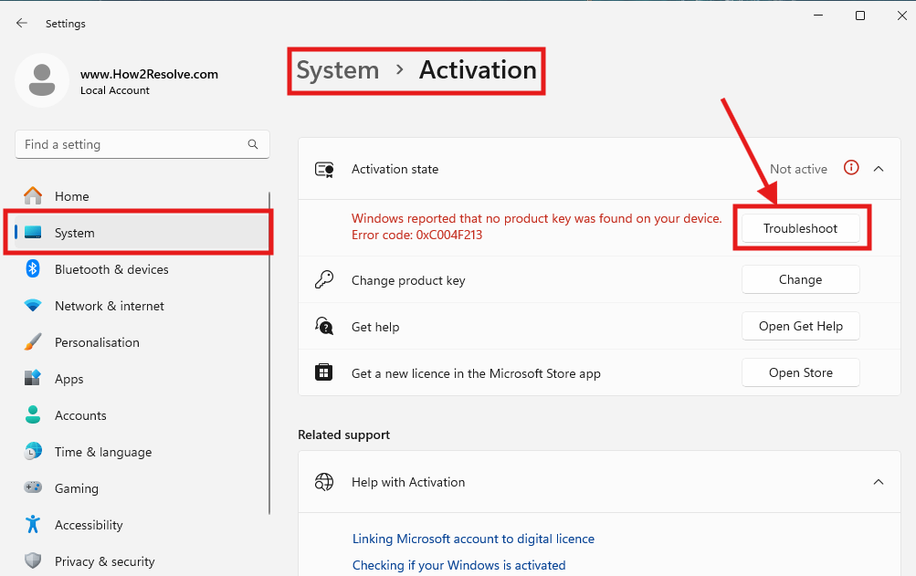 Windows 11 activation screen with Troubleshooter option