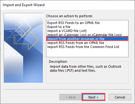 Choosing data file type in outlook import/export wizard.
