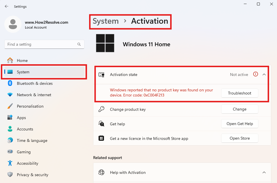 Windows 11 activation screen showing “No product key found” and error 0xC004F213
