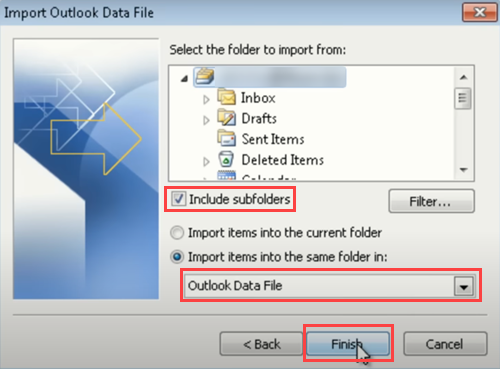 Select the desired option for importing the PST file.