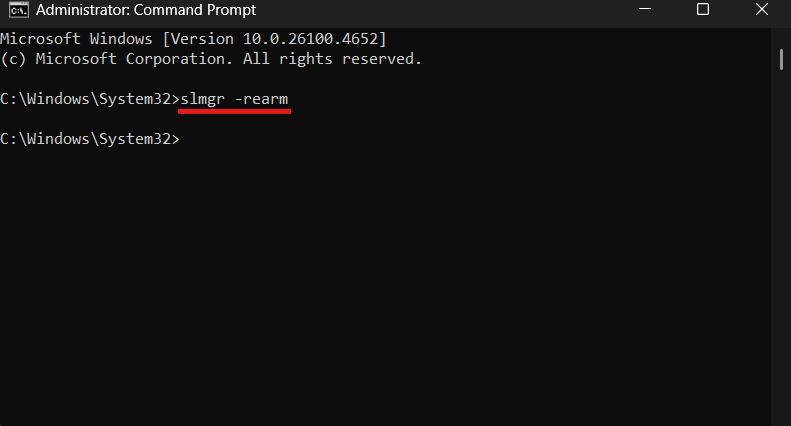 Command prompt showing slmgr -rearm to reset Windows license timer