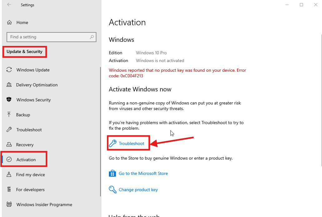 Windows 10 activation troubleshooter under settings