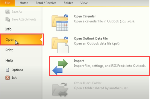 Selecting the import option in Outlook.