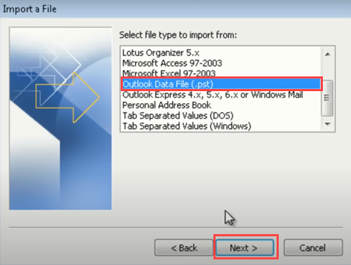  Select Outlook Data File (.pst)
