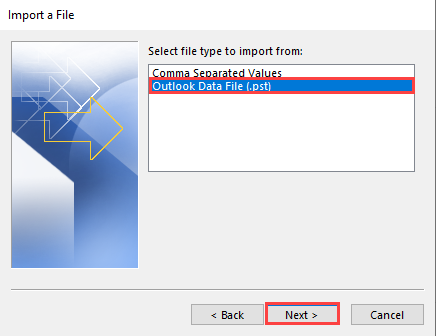 Selecting Outlook Data File (.pst)