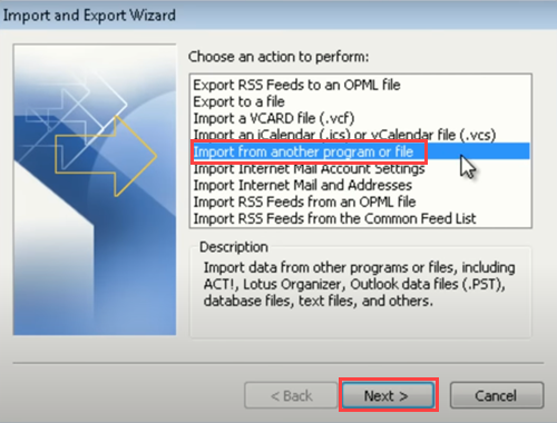 Selecting Import from another program or file.